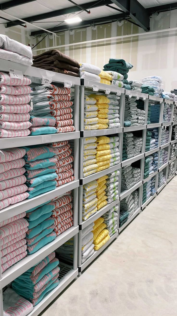 rows of folded shirts are on display in a store