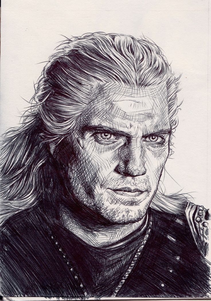 a drawing of a man with long blonde hair and blue eyes, in black and white