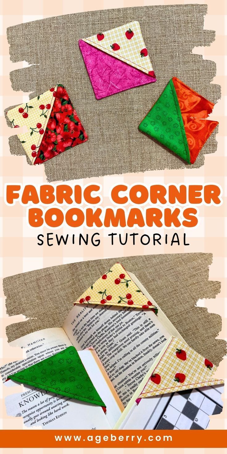 fabric corner bookmarks with text overlay