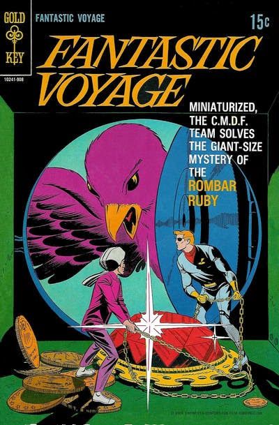 an old comic book cover for fantastic voyage, featuring the giant bird and two men