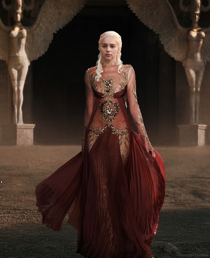 game of thrones daeneria starke in her red gown with gold embellishment