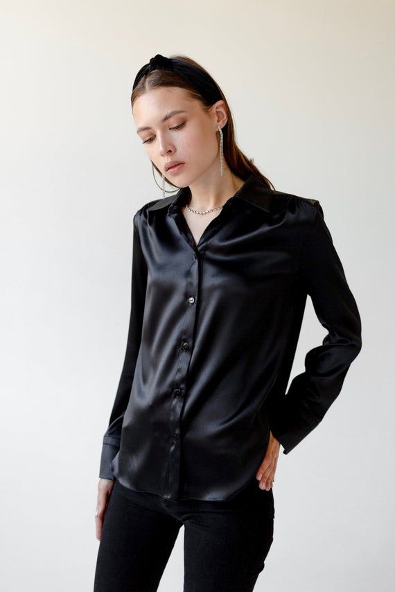 Silk Black Dress Outfit, Black Dress Outfit Ideas, Women Silk Shirt, Plain Black Dress, Silk Black Dress, Black Dress Outfit, Black Plain Dress, Black Silk Shirt, Black Silk Blouse