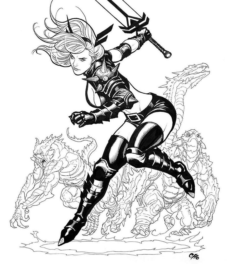 an ink drawing of a woman with two swords in her hands, running through the air