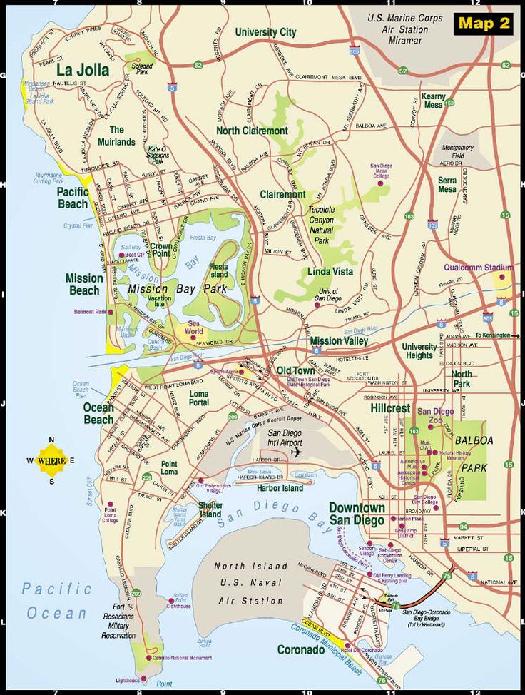 a map of the city of la jolla and its surrounding area, with major roads