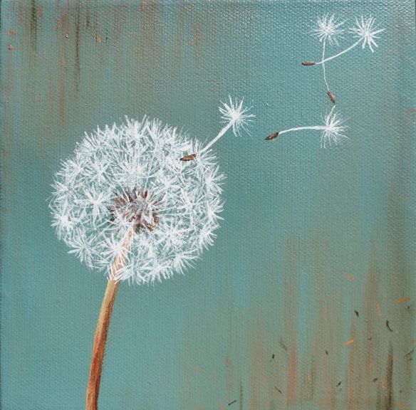 a painting of a dandelion blowing in the wind