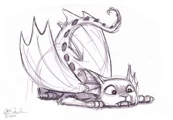 a drawing of a dragon laying down on the ground