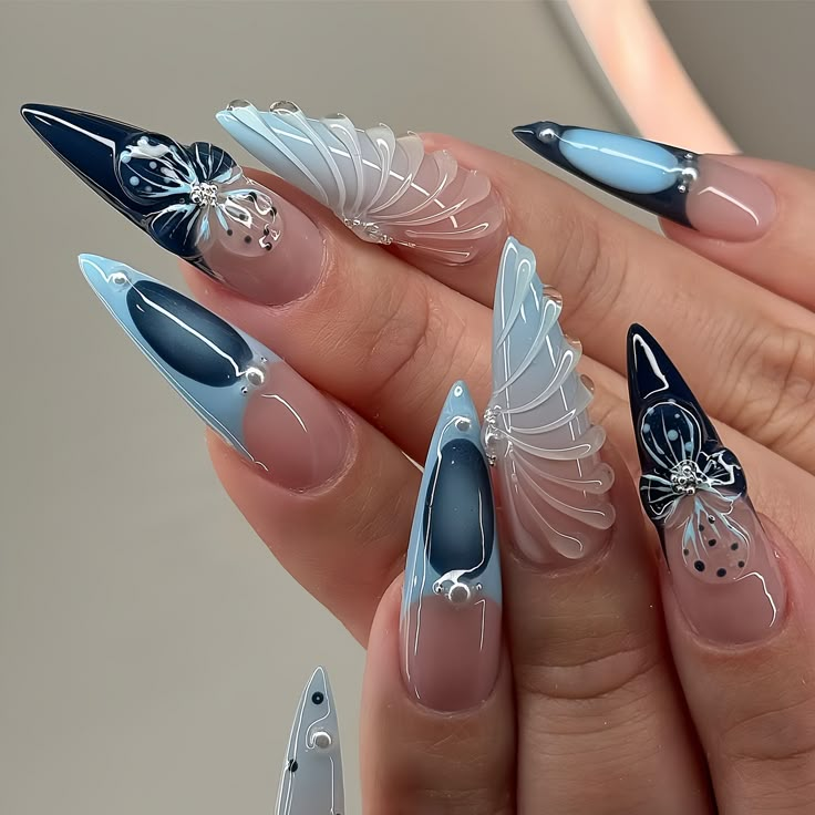 Materials: gel nail, long stiletto tips Greetings and welcome to my store. Hope you find a style you like. ✋🙆I only work with high-quality materials to create sturdy & long-lasting luxury press on nails that you can trust on. My nails will last for:1- 2 days using adhesive tab (provided with the nail set) 2- 3 weeks using nail glue. You can reuse all of the nails multiple times if you take care of them. Follow the instructions provided with the nail set. 💮Please follow the instruction size mea Seashell Nails, Easy Nails, Her Nails, Unique Acrylic Nails, Nail Swag, White Nail, Diy Nail Art, Nailed It, Funky Nails