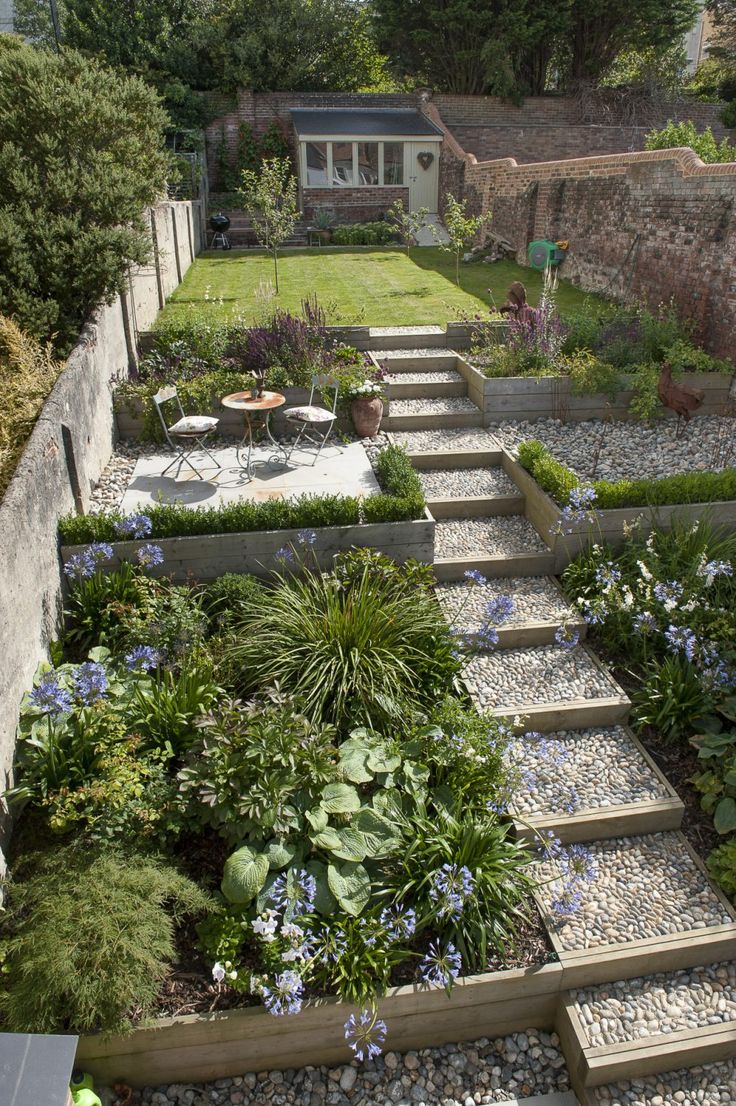 a garden with stone steps leading up to the house