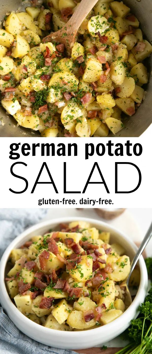 two pictures with different types of food in them and the words german potato salad on top