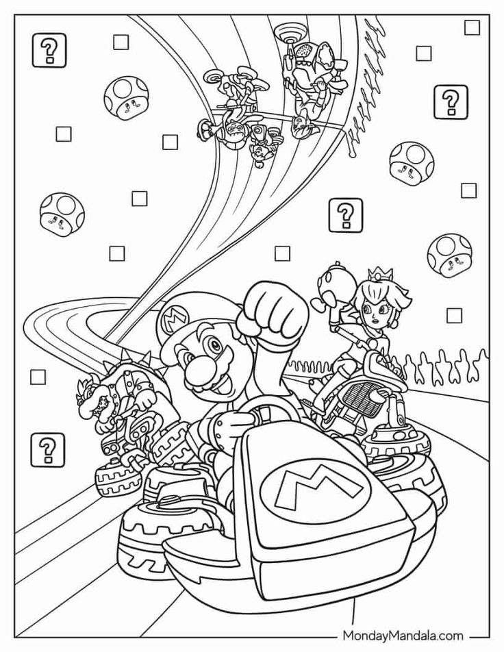 mario kart coloring pages for kids to print and color with the mario kart characters