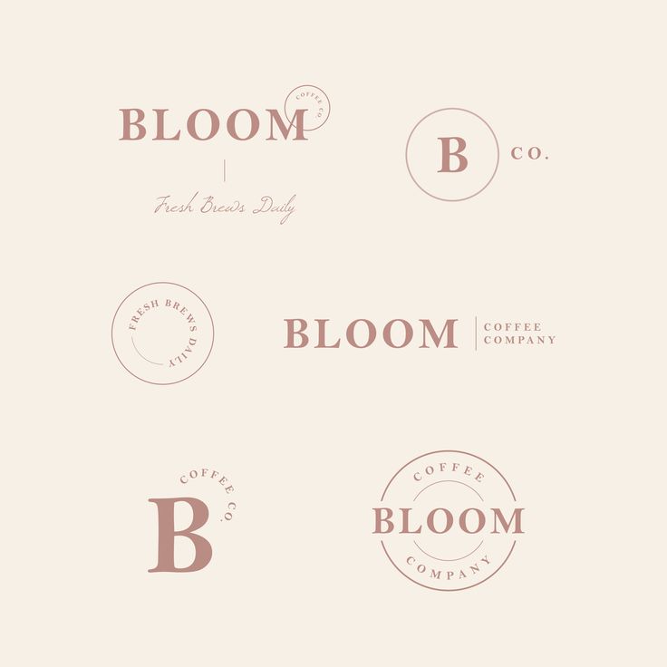 the logos for bloom coffee company are shown in pink and brown colors, with white lettering on