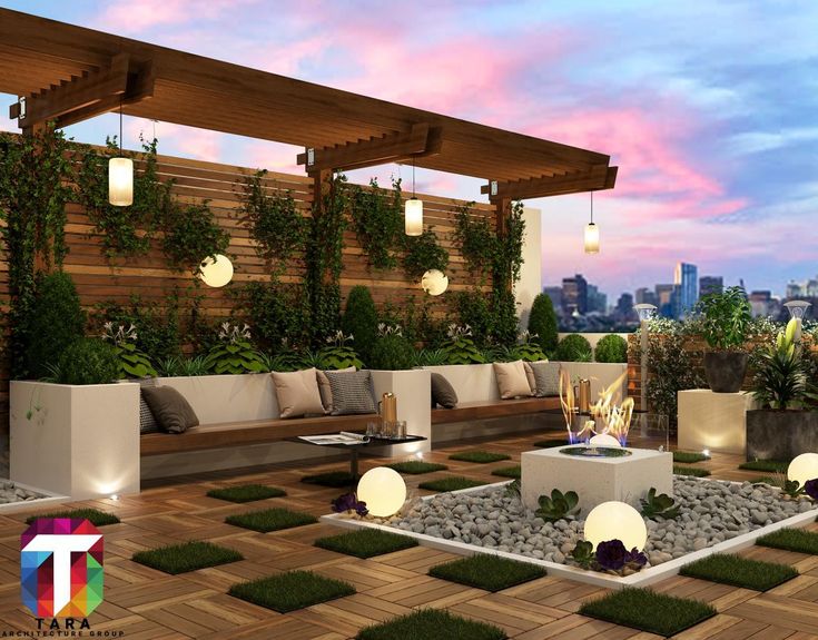 an outdoor seating area with lights and plants on the roof terrace at sunset or dawn