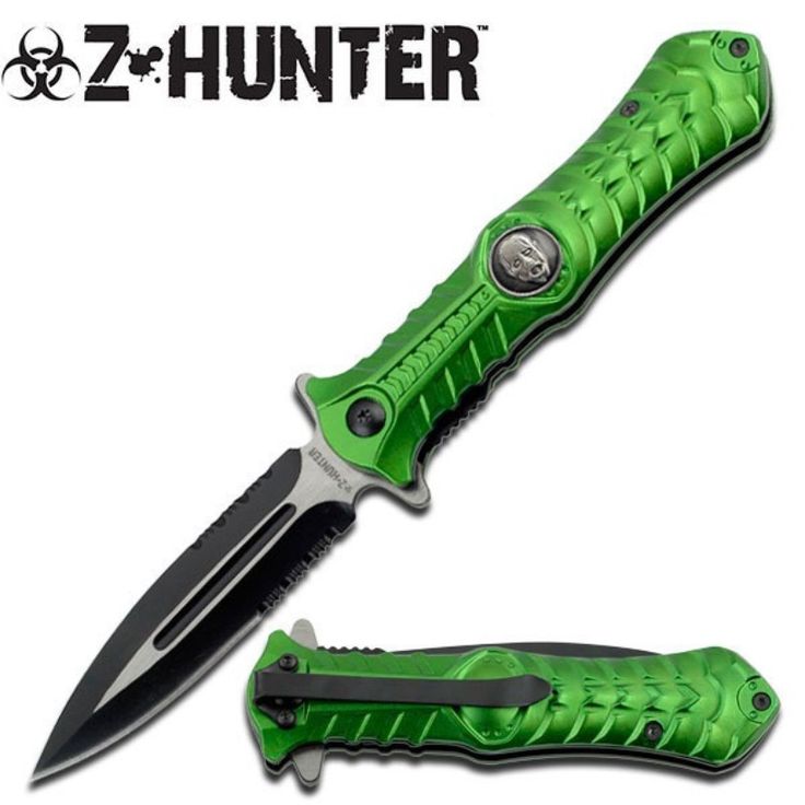 two green knives with black handles on each side and one has a large knife in the middle