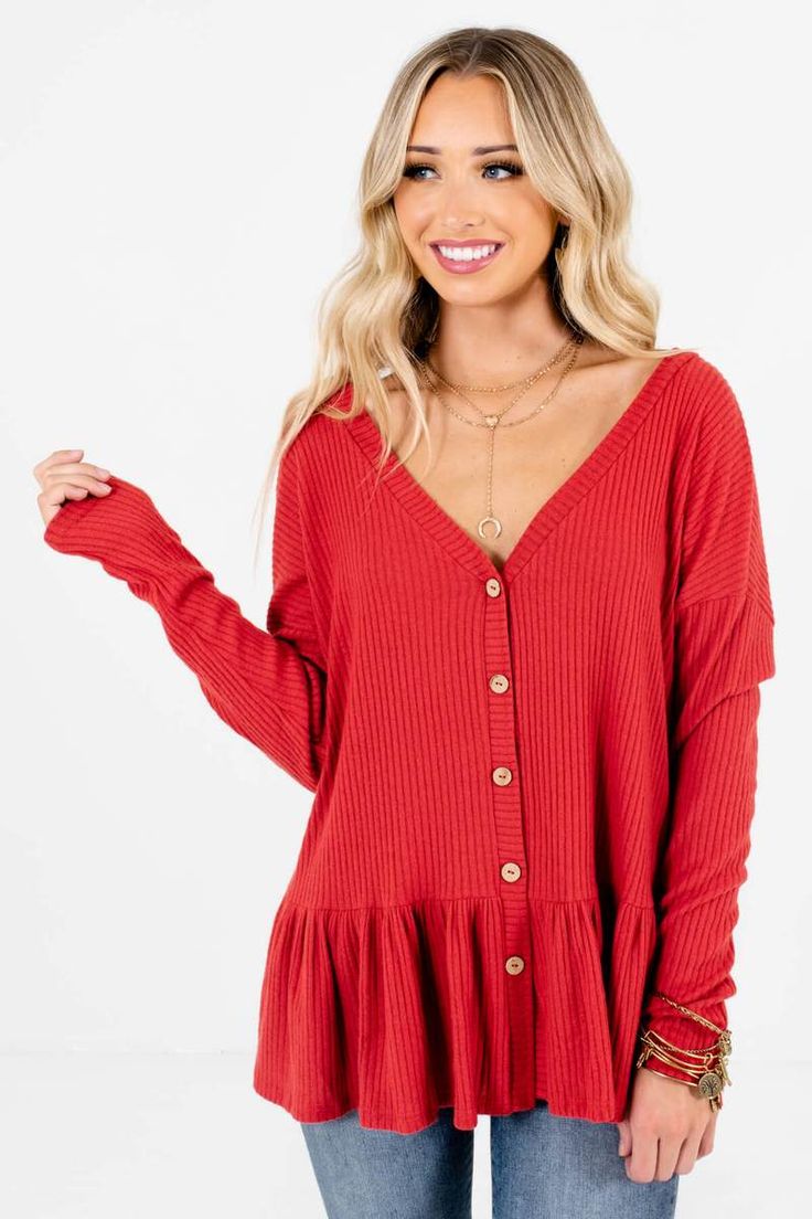 Obsessed Red Peplum Top | Boutique Peplum Tops for Women Peplum Tops For Women, White Dress Fall, Red Peplum Tops, Black Duster, Dresses Date Night, Red Orange Color, Fall Cardigans, Peplum Tops, Fall Wedding Guest Dress