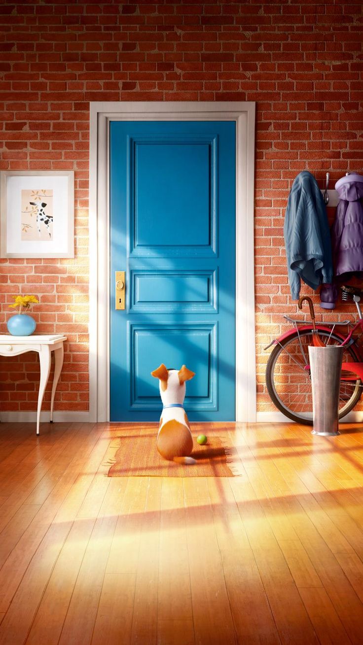 a dog sitting on the floor in front of a blue door