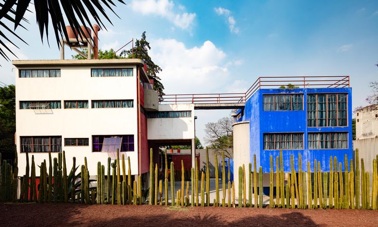 two buildings with blue and white walls next to each other in front of a palm tree