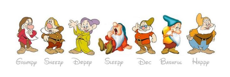 seven dwarfs from snow white and the seven dwarfs cartoon characters, with their names written on them