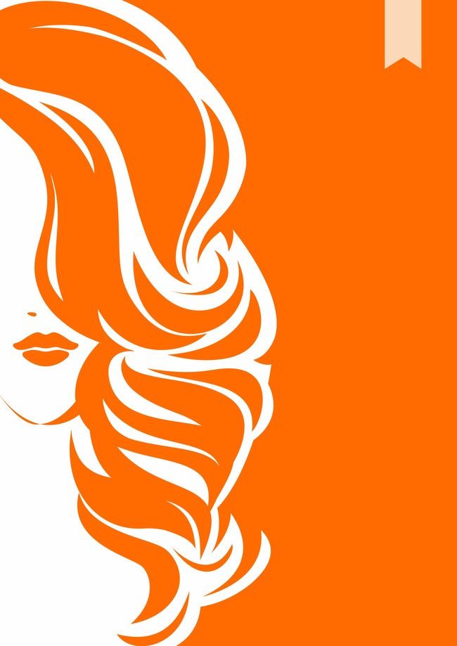 a woman's face with long, wavy hair on an orange and white background