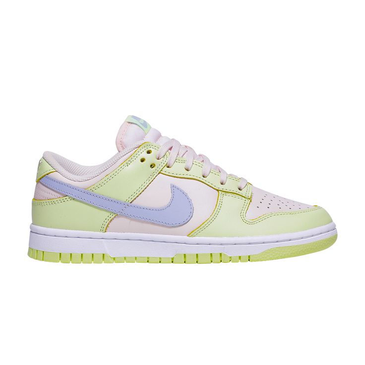 Find NIKE Wmns Dunk Low 'lime Ice on Editorialist. The Nike women’s Dunk Low ‘Lime Ice’ updates the ‘80s hoops shoe with a summery palette made up of contrasting pastel hues. The leather upper combines a muted pink base with vibrant lime green overlays and a signature Swoosh in periwinkle. Standard Dunk Low elements include a perforated toe box, low-cut textile-lined collar and lightly padded nylon tongue. The sneaker is mounted on a sturdy rubber cupsole, featuring crisp white sidewalls and a lime green rubber outsole. Wmns Dunk Low, Nike Dunk Low Disrupt, Cut Shoes, Preppy Shoes, Muted Pink, Green Snake, Fruity Pebbles, Swag Shoes, Nike Fashion