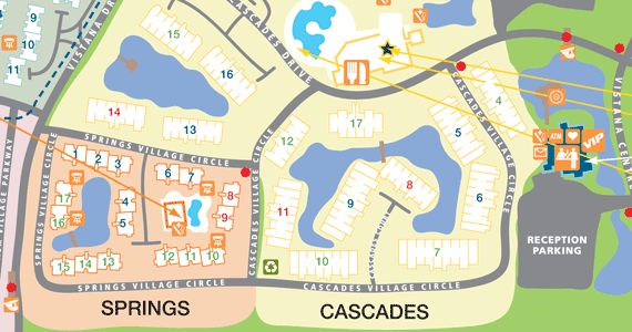 a map shows the location of springs and cascades in this area, along with several parking spots