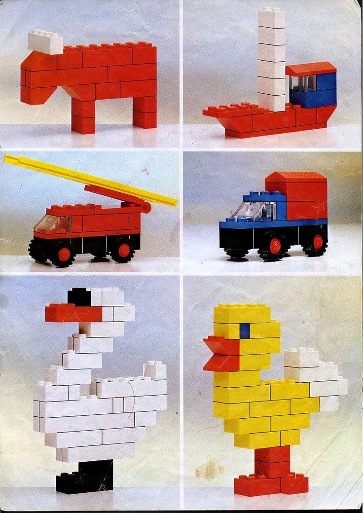 four pictures of different types of toys made out of legos, including a truck and a duck