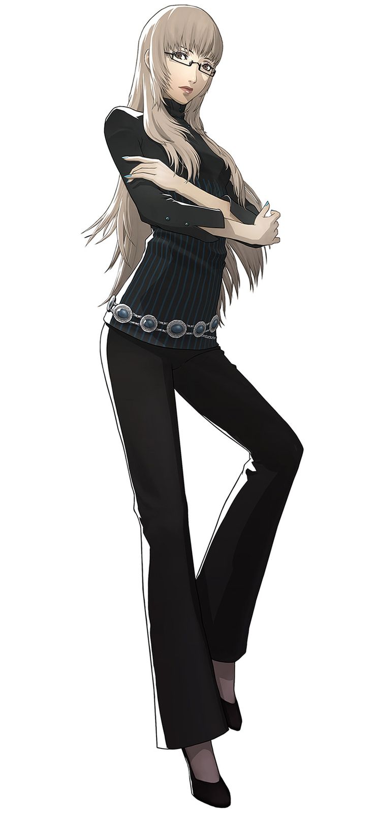 an anime character with long hair and black pants