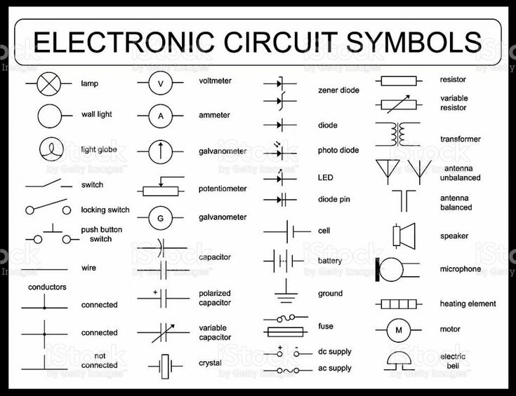 an electronic circuit symbols set in black and white, with the words electronics written below