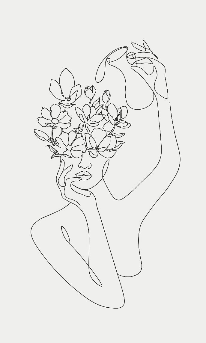 a line drawing of a woman with flowers in her hair, holding a flower bouquet