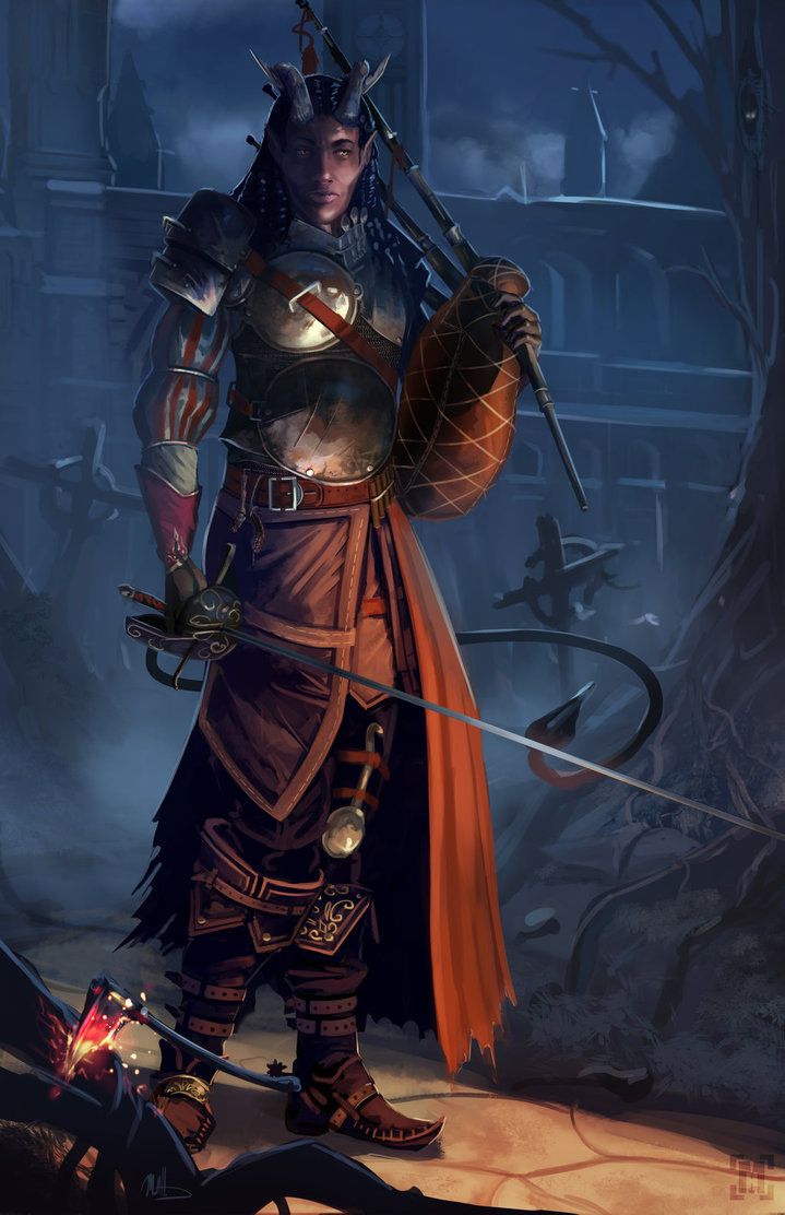 a man dressed in armor and holding two swords standing next to a forest at night