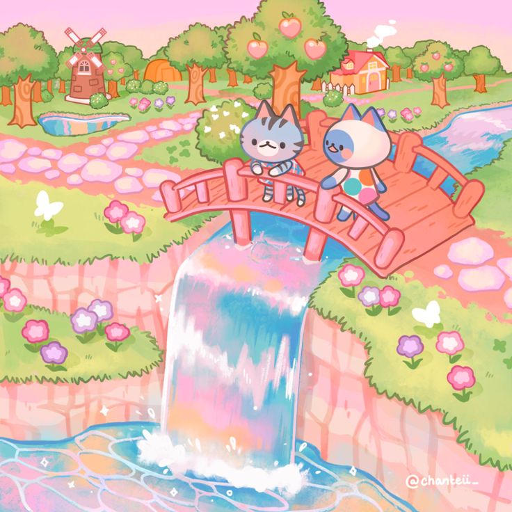 two cats are sitting on a bridge over a waterfall and another cat is standing at the end