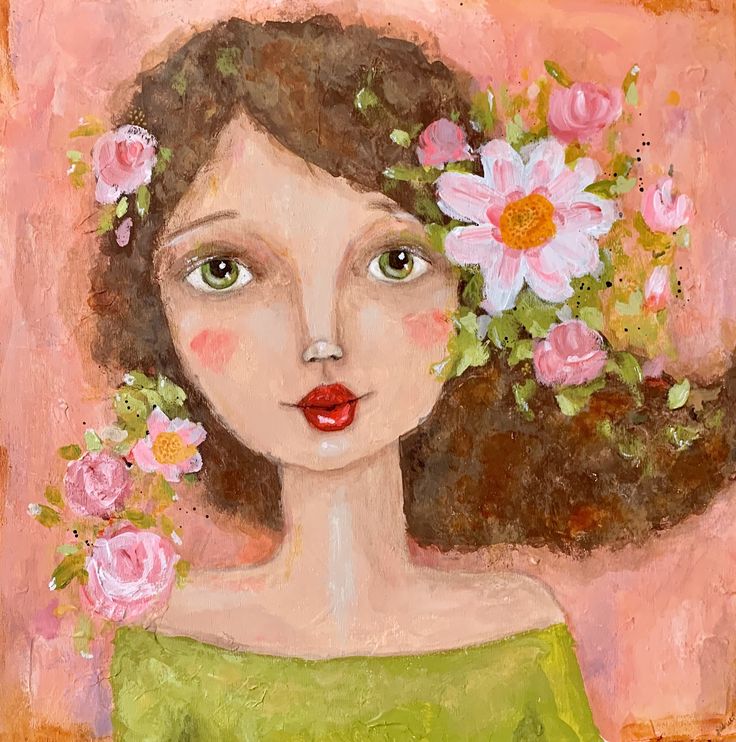 a painting of a woman with flowers in her hair and green dress on pink background