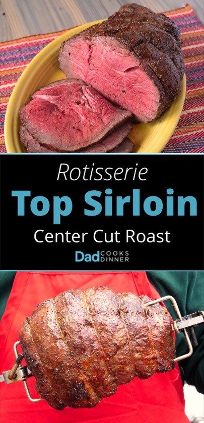 top sirloin center cut roast on a yellow plate with the title above it