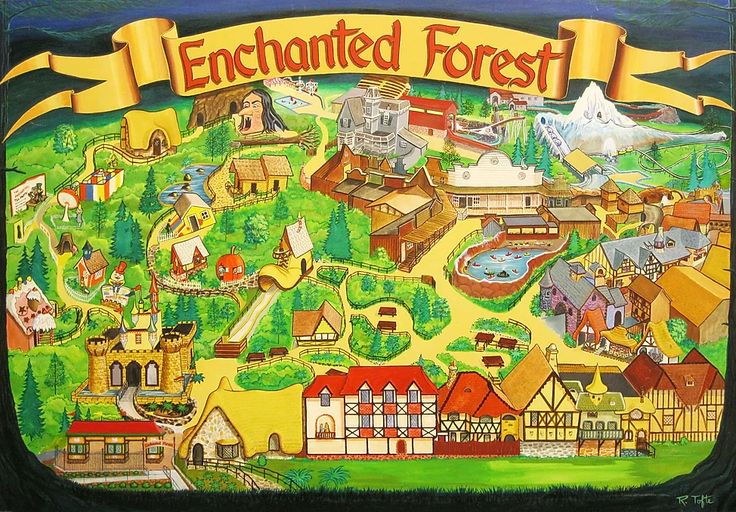 an illustrated map of the enchanted forest with lots of buildings, roads and trees