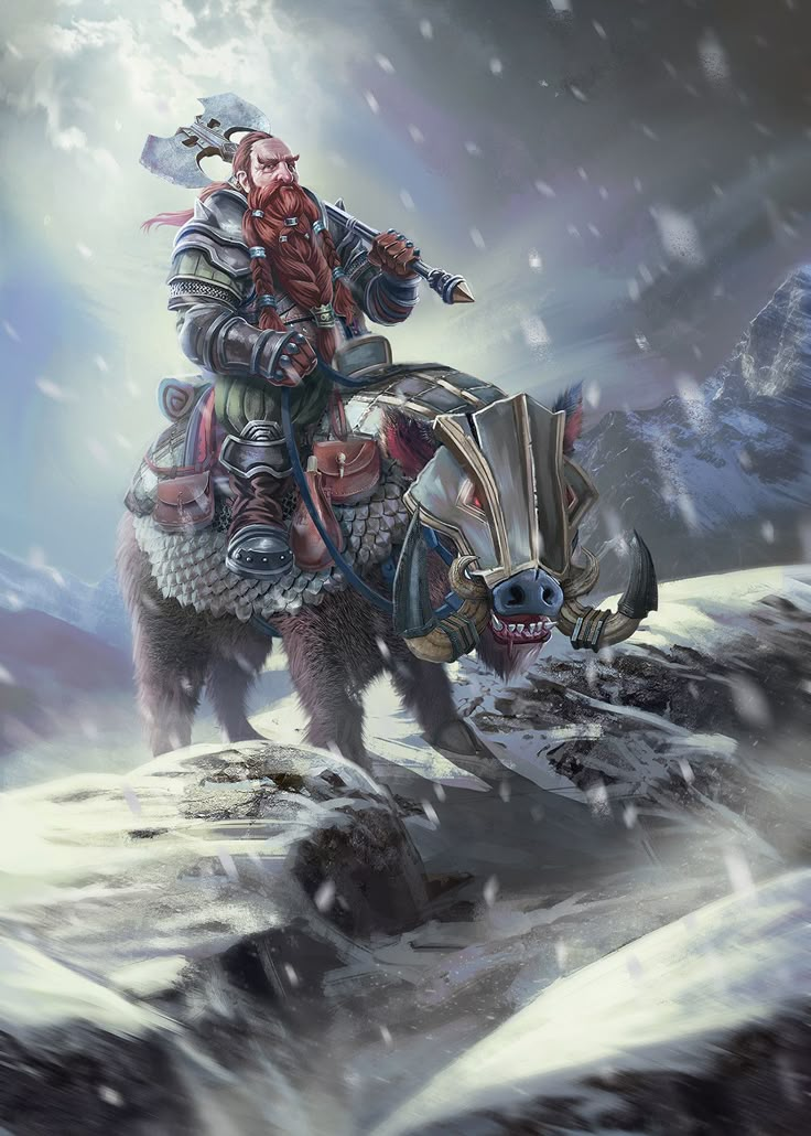 a painting of a man riding on the back of a horse in the middle of snow