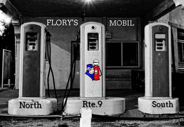 three old gas pumps sitting in front of a building with the words glory's mobil written on them