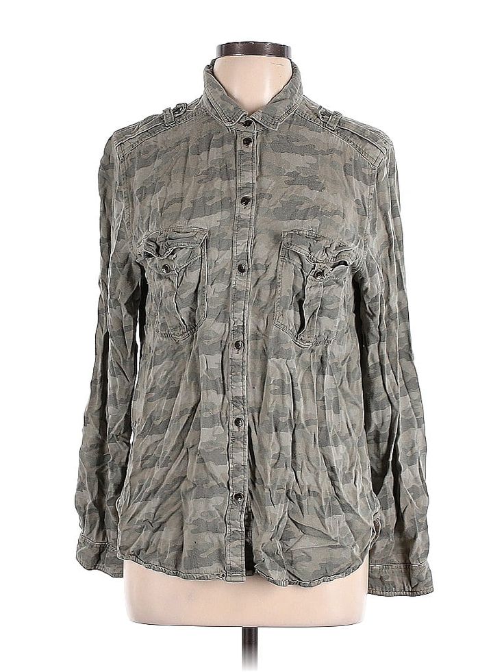 American Eagle Outfitters Long Sleeve Button Down Shirt Size: Large Tops - used. No Fabric Content | American Eagle Outfitters Long Sleeve Button Down Shirt: Gray Tops - Size Large Green Military Button-up Top, Khaki Button-up Top With Snap Buttons, Military Style Collared Top With Snap Buttons, Military Style Long Sleeve Top With Button Closure, Military Style Collared Top With Button Closure, Military Style Tops With Buttons For Fall, Military Button-up Shirt, Military Collared Tops For Spring, Military Style Button-up Tops With Snap Buttons