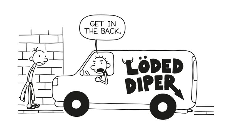 a cartoon drawing of a man in a truck with a sign saying get in the back