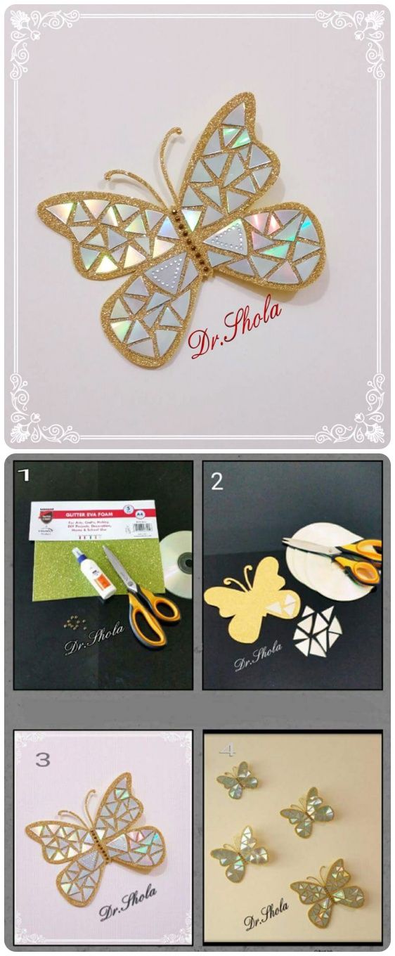 four different pictures showing the process of making paper butterflies with gold foil and sequins