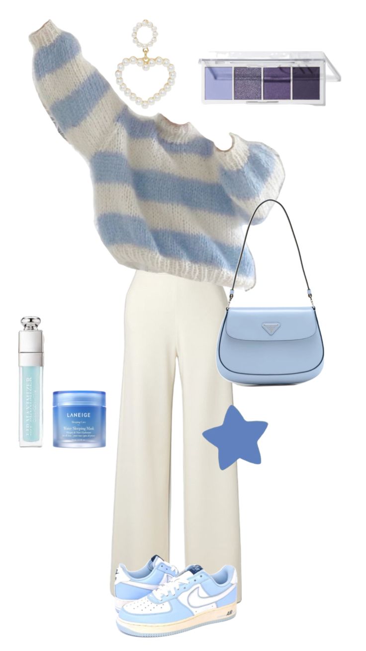 Blue Oufitts Ideas, Blue Trendy Outfits, Aesthetic Combination Outfit, Sky Blue Clothes Outfit, Blue And White Outfit Ideas Winter, Outfits In Blue, Retro Pastel Outfit, Cute Outfits Blue And White, Cute Blue Winter Outfits