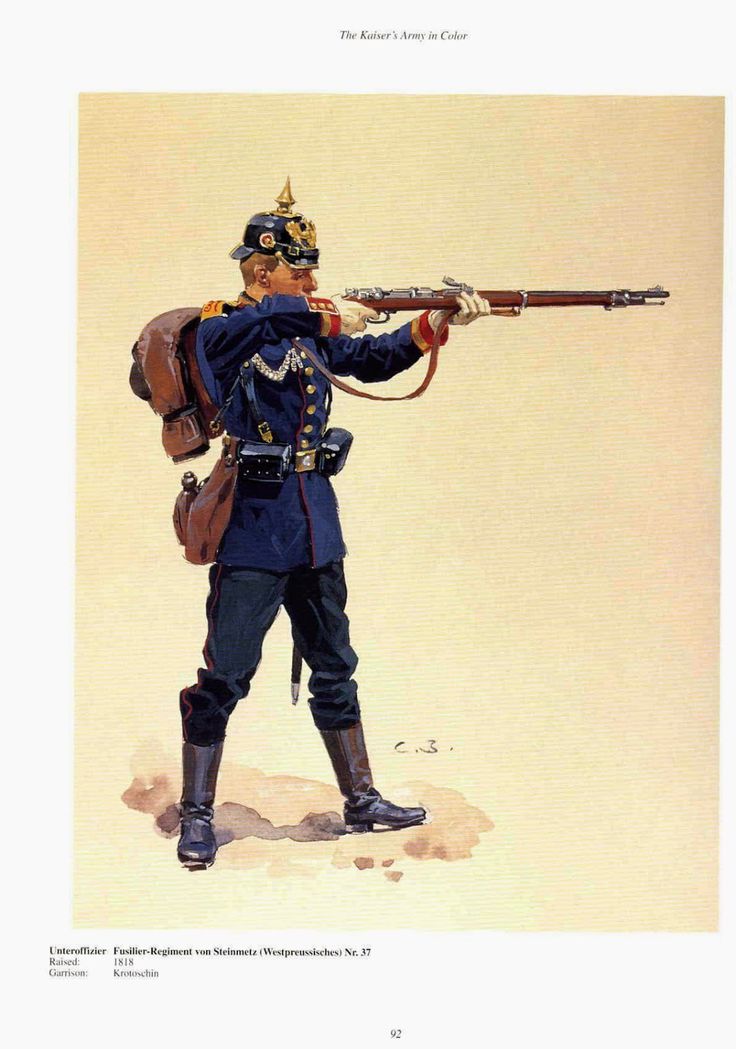 German; 37th (West Prussian) Fusiliers "von Steinmetz", Unterofficier, c.1900. raised 1818 Home Depot; Krotoschin Prussian Soldier, Franco Prussian Uniforms, Prussian Army, Ww1 Art, German Uniforms, German History, Military Drawings, Military Artwork, German Army