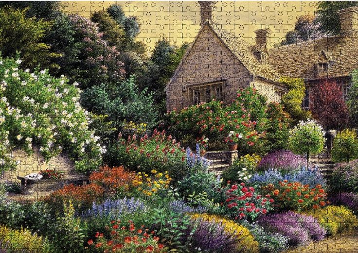 a painting of a house surrounded by flowers