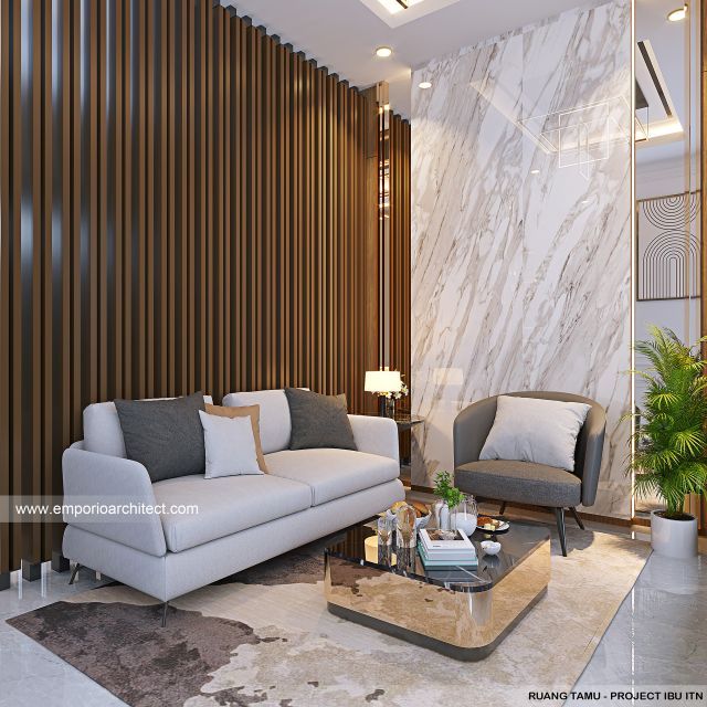 a living room with two couches and a coffee table in front of a marble wall