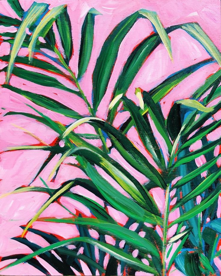 a painting of palm leaves against a pink background