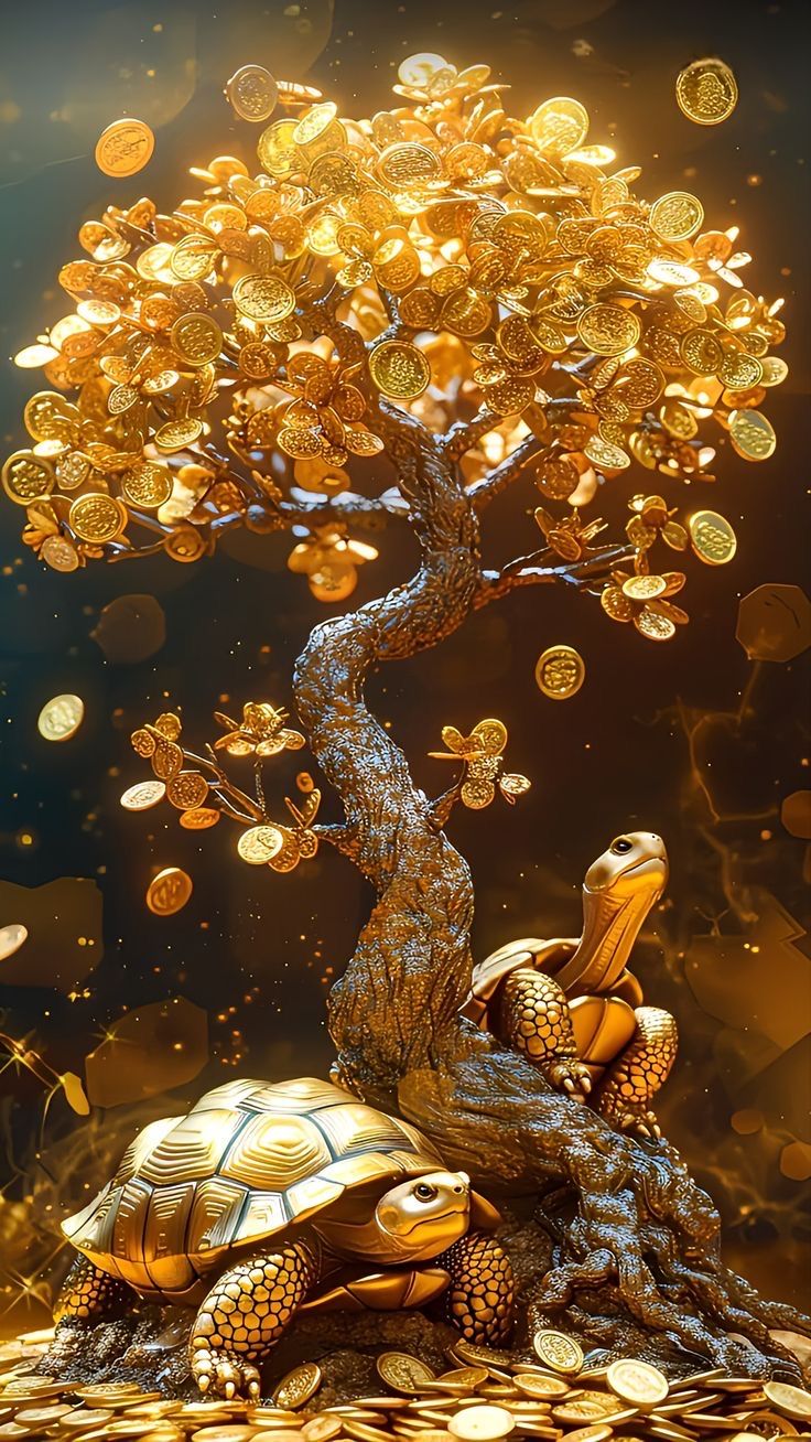 a turtle sitting on top of a pile of coins next to a tree filled with gold coins