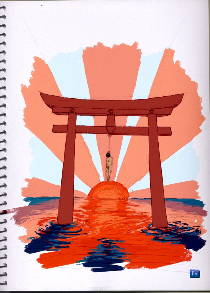 an illustration of a person standing in the water under a tori - pole at sunset