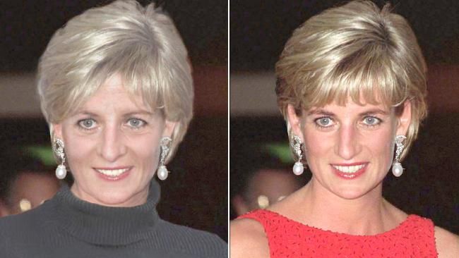 two pictures of the same woman with blonde hair and blue eyes, one is wearing earrings