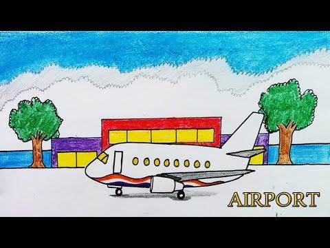 a drawing of an airplane parked in front of a building with the words airport on it