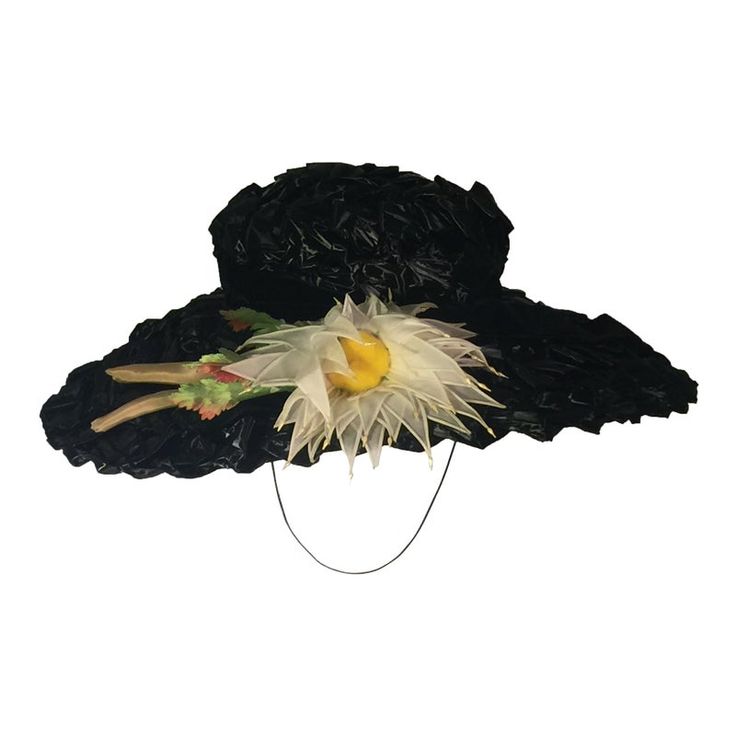 Dramatic and Mint Condition Black Woven Hat with Black Velvet Bow and Handmade Custom Silk Daisy and Leaves. Designed in the 1940's-1950's This Hat was Made By Ann Farkas Perth Amboy. Vintage Black Wide Brim Costume Hat, Vintage Black Costume Hat With Curved Brim, Vintage Black Cloche Hat For Evening, Black Brimmed Hat For Vintage Events, Vintage Black Hat For Kentucky Derby, Vintage Black Top Hat For Church, Vintage Black Hat For Evening, Vintage Black Top Hat For Costume, Vintage Black Straw Hat With Short Brim