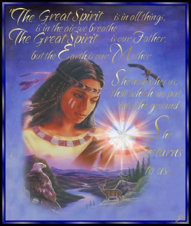 an image of a woman with birds on her shoulder and the words,'the great spirit