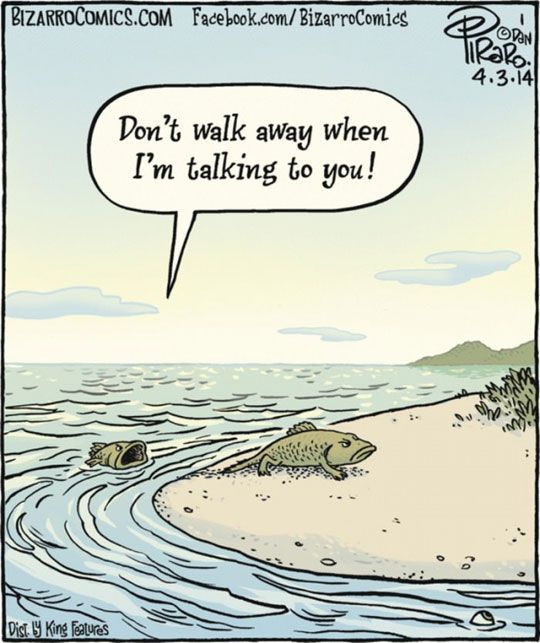 a cartoon depicting a fish in the water with a speech bubble above it that says,